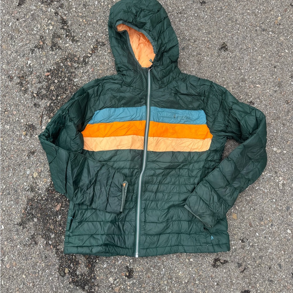 Cotopaxi Fuego Down Hooded Jacket with Orange and Blue Stripes